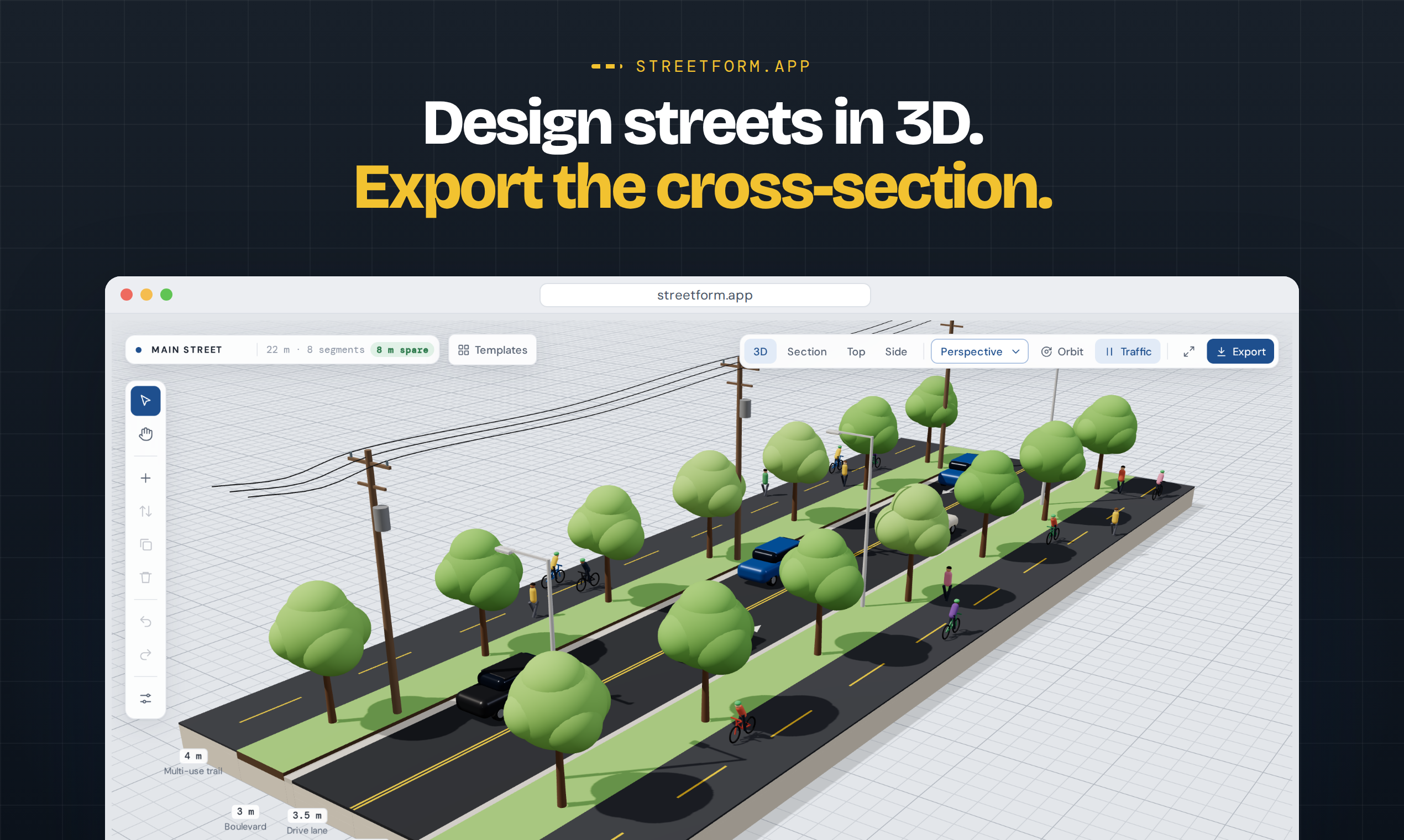 A street cross-section in Streetform's 3D view, with sidewalks, bike lanes, travel lanes and street trees