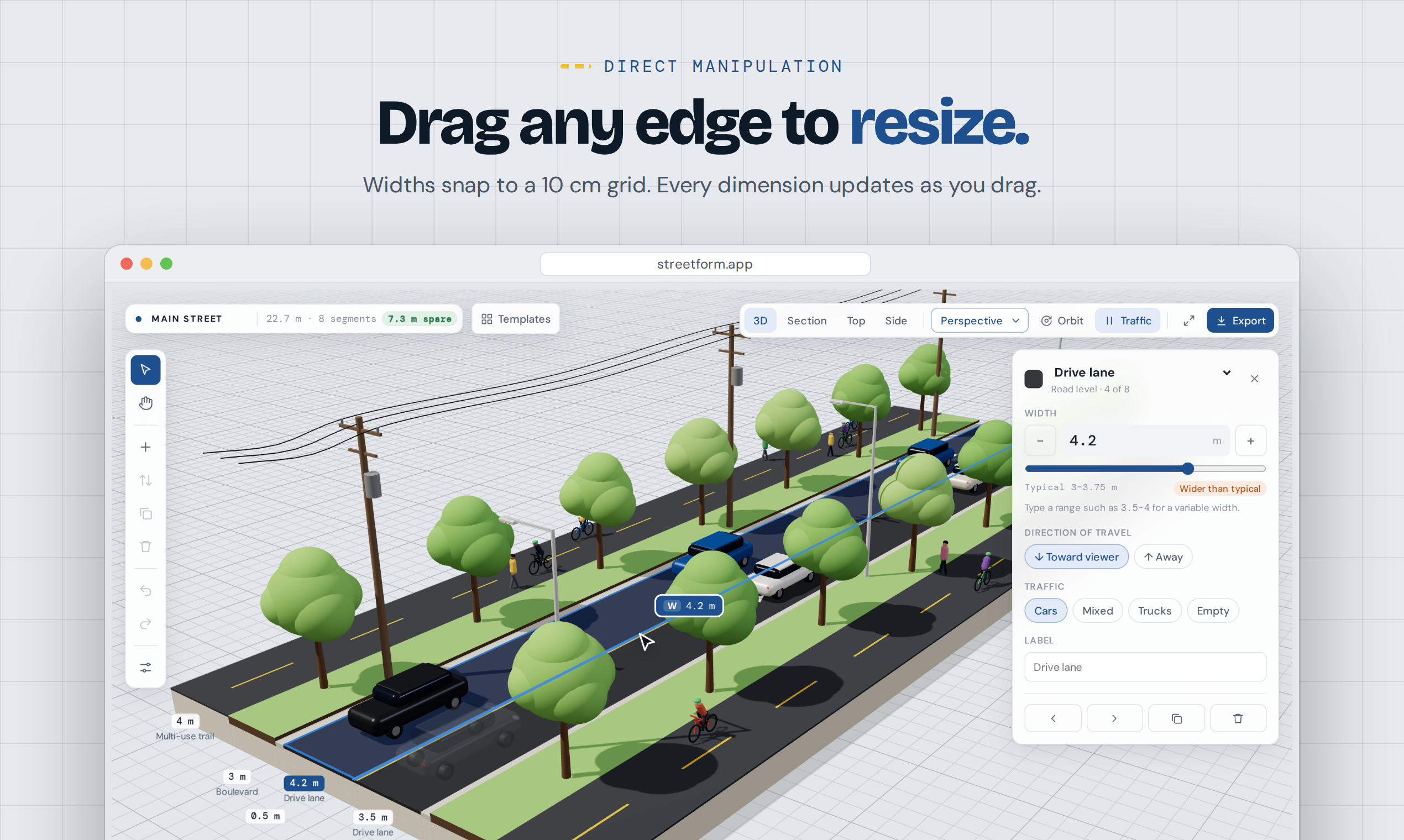 Resizing a lane in Streetform by dragging its edge